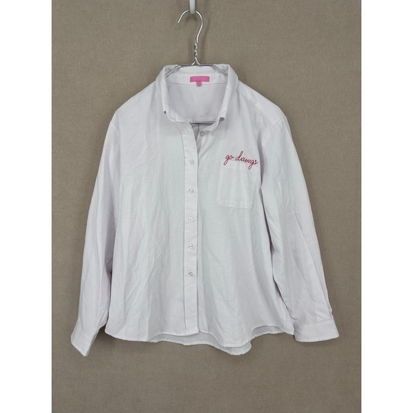 Katie Kime Blouse Large White Go Dawgs Georgia Embroidered Button Up - Picture 1 of 8